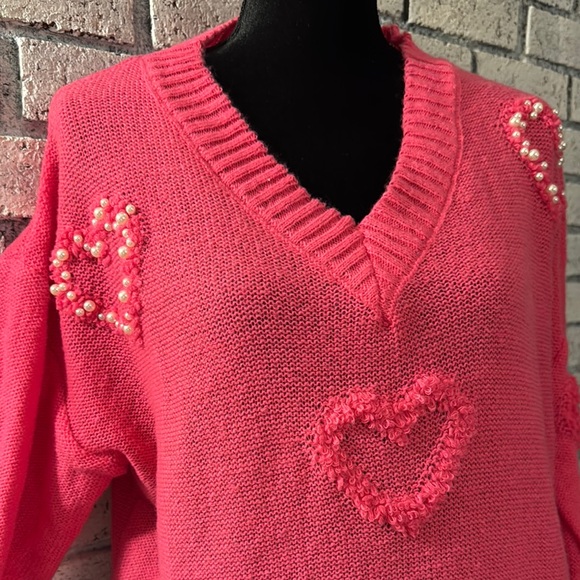 Vibrant Pink V-Neck Sweater with Balloon Sleeves - Picture 2 of 9